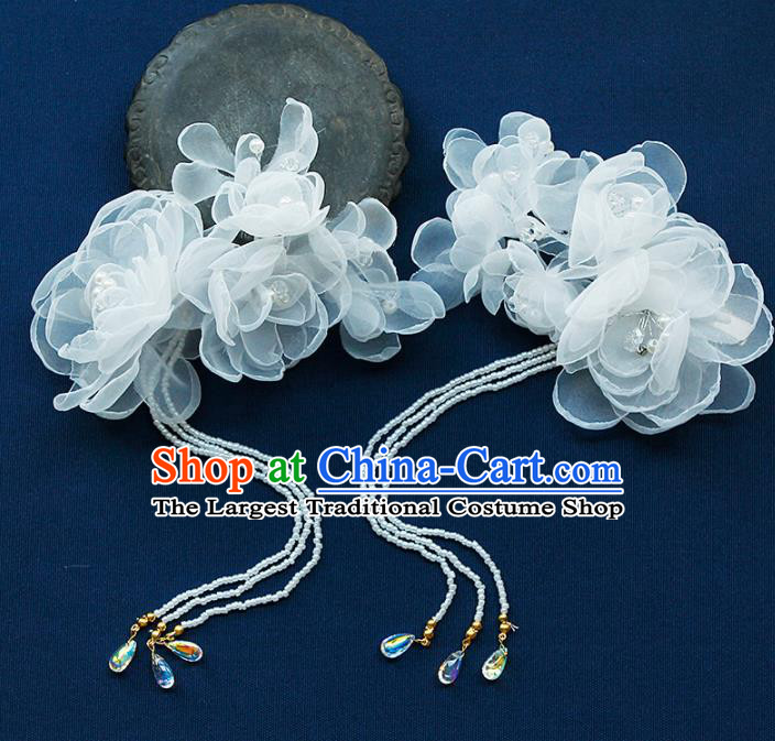 China Ancient Princess White Silk Flowers Tassel Hair Claw Hairpins Chinese Traditional Hanfu Hair Accessories for Women