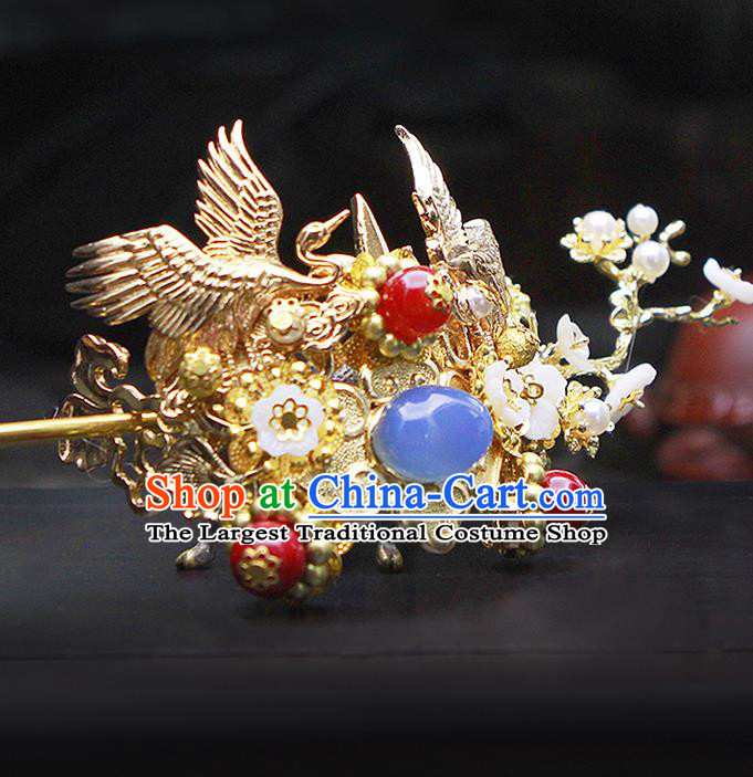 China Ancient Swordsman Blue Bead Cranes Hairdo Crown Hairpins Chinese Traditional Hanfu Hair Accessories for Men