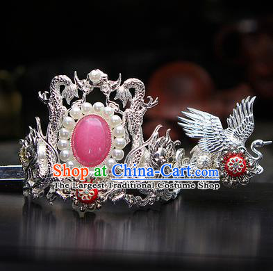 China Ancient Swordsman Argent Cranes Hairdo Crown Pink Bead Hairpins Chinese Traditional Hanfu Hair Accessories for Men