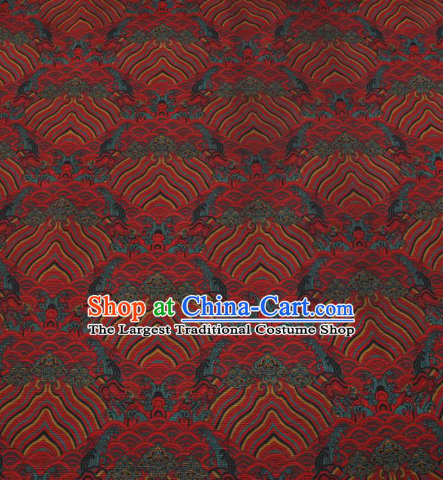 Chinese Traditional Sea Waves Pattern Design Red Satin Watered Gauze Brocade Fabric Asian Silk Fabric Material