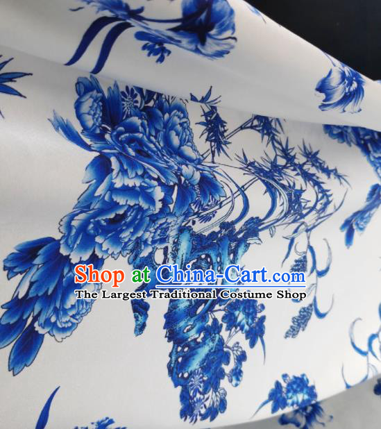 Chinese Traditional Peony Bamboo Pattern Design White Satin Watered Gauze Brocade Fabric Asian Silk Fabric Material