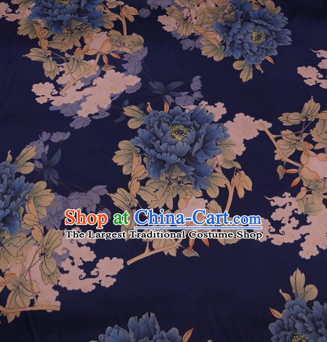 Traditional Chinese Satin Classical Peony Pattern Design Navy Watered Gauze Brocade Fabric Asian Silk Fabric Material