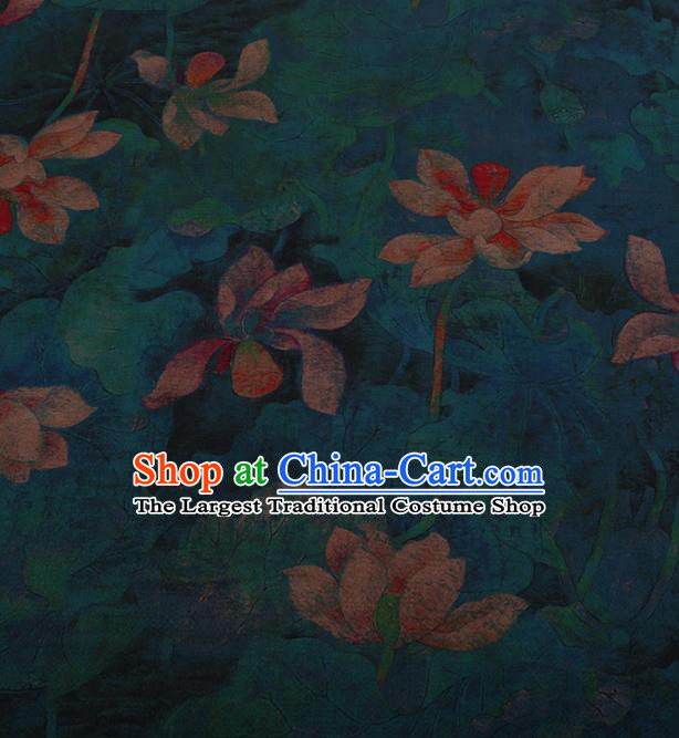 Traditional Chinese Satin Classical Lotus Pattern Design Blue Watered Gauze Brocade Fabric Asian Silk Fabric Material