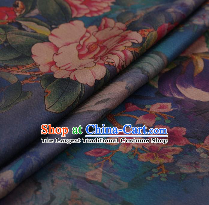 Traditional Chinese Classical Peony Pattern Design Blue Satin Watered Gauze Brocade Fabric Asian Silk Fabric Material