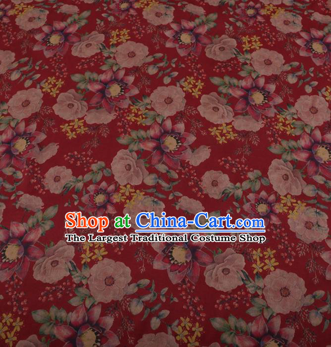 Traditional Chinese Classical Camellia Pattern Design Red Satin Watered Gauze Brocade Fabric Asian Silk Fabric Material