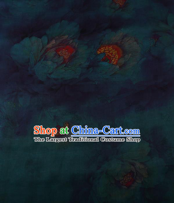 Traditional Chinese Classical Peony Pattern Design Deep Green Satin Watered Gauze Brocade Fabric Asian Silk Fabric Material