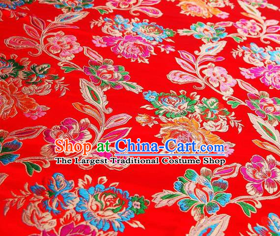 Chinese Classical Colorful Peony Pattern Design Red Brocade Asian Traditional Hanfu Silk Fabric Tang Suit Fabric Material