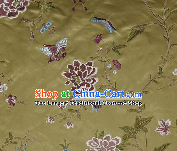 Traditional Chinese Classical Embroidered Peony Pattern Design Fabric Olive Green Brocade Tang Suit Satin Drapery Asian Silk Material