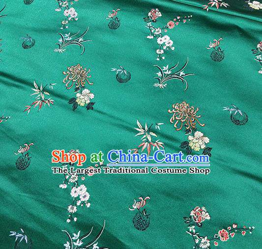 Traditional Chinese Classical Plum Orchid Bamboo Chrysanthemum Pattern Design Fabric Green Brocade Tang Suit Satin Drapery Asian Silk Material