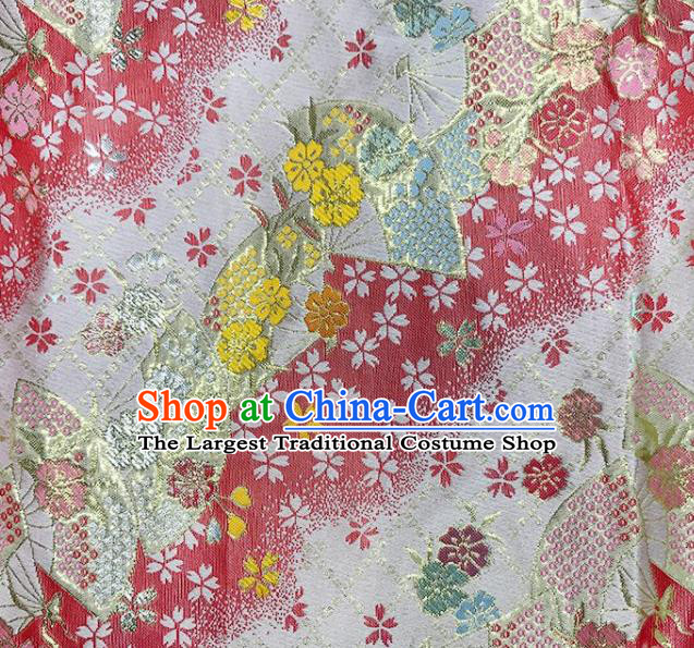 Asian Japanese Kimono Fabric Classical Fan Pattern Design Pink Brocade Traditional Drapery Silk Material