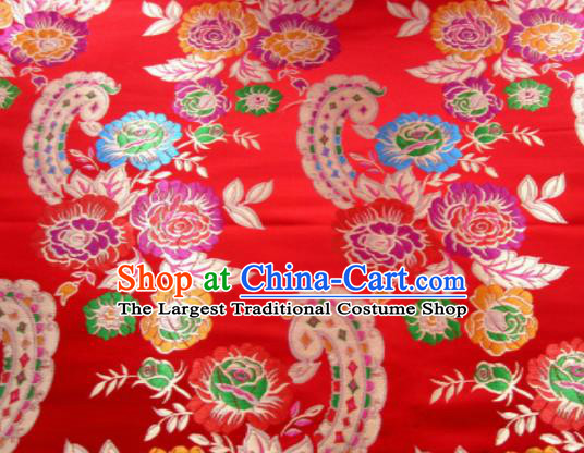 Asian Chinese Classical Roses Pattern Design Red Satin Fabric Brocade Traditional Drapery Silk Material
