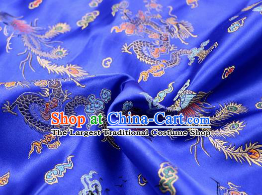 Asian Chinese Classical Dragon Phoenix Pattern Design Royalblue Satin Fabric Brocade Traditional Drapery Silk Material