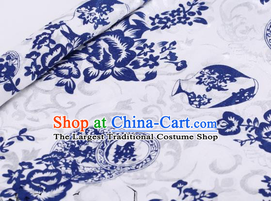 Asian Chinese Classical Blue Vase Pattern Design Satin Fabric Brocade Traditional Drapery Silk Material