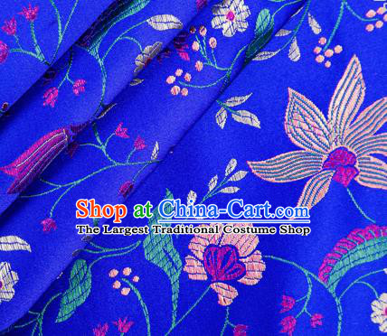 Asian Chinese Classical Embroidered Flowers Pattern Design Royalblue Satin Fabric Brocade Traditional Drapery Silk Material