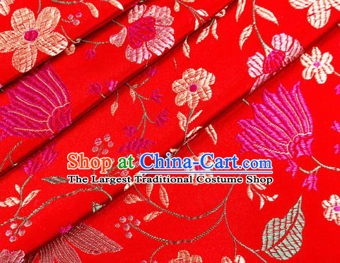 Asian Chinese Classical Embroidered Flowers Pattern Design Red Satin Fabric Brocade Traditional Drapery Silk Material