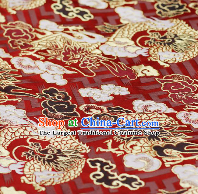 Asian Japanese Kimono Red Satin Fabric Classical Cloud Dragon Pattern Design Brocade Traditional Drapery Silk Material