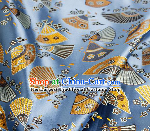 Asian Japanese Classical Fans Pattern Design Blue Brocade Kimono Satin Fabric Damask Traditional Drapery Silk Material