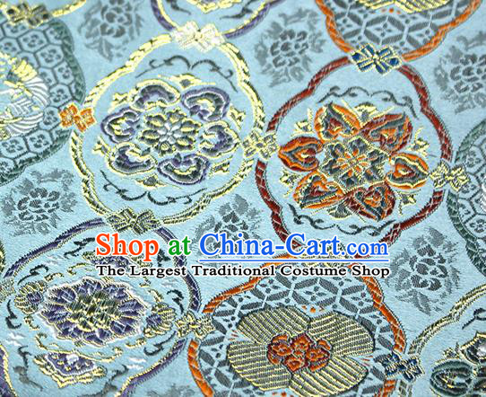 Asian Japanese Kimono Satin Fabric Classical Pattern Design Blue Brocade Damask Traditional Drapery Silk Material