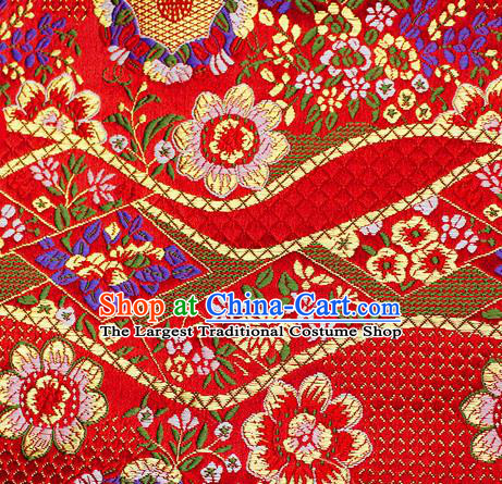 Asian Japanese Classical Flowers Pattern Design Red Brocade Kimono Satin Fabric Damask Traditional Drapery Silk Material