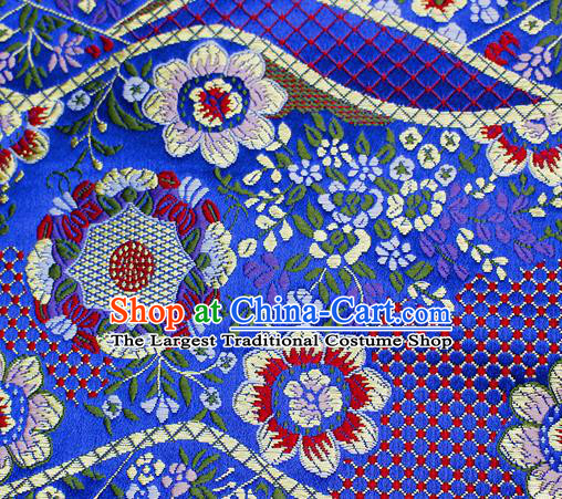 Asian Japanese Classical Flowers Pattern Design Royalblue Brocade Kimono Satin Fabric Damask Traditional Drapery Silk Material