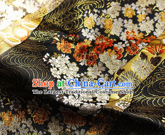 Asian Japanese Classical Sakura Pattern Design Black Brocade Kimono Satin Fabric Damask Traditional Drapery Silk Material