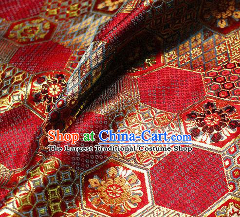 Asian Japanese Classical Tortoise Shell Pattern Design Red Brocade Kimono Satin Fabric Damask Traditional Drapery Silk Material