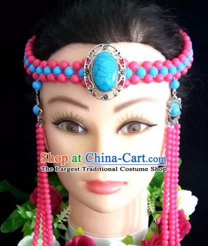 Chinese Traditional Mongol Nationality Pink Beads Tassel Hair Clasp Mongolian Ethnic Dance Headband Accessories for Women