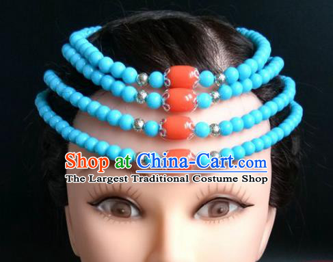 Chinese Traditional Mongol Nationality Blue Beads Hair Clasp Mongolian Ethnic Dance Headband Accessories for Women