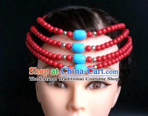 Chinese Traditional Mongol Nationality Red Beads Hair Clasp Mongolian Ethnic Dance Headband Accessories for Women