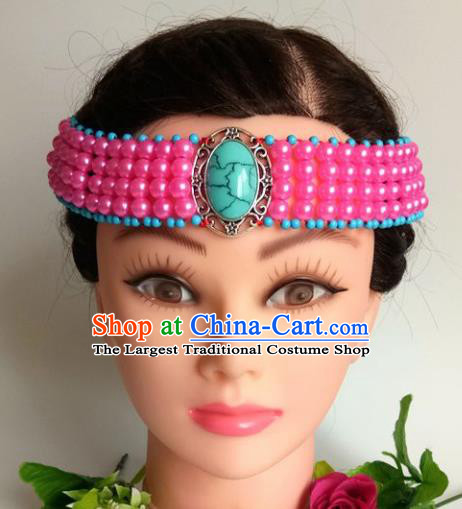 Chinese Traditional Mongol Nationality Rosy Beads Hair Clasp Mongolian Ethnic Dance Headband Accessories for Women