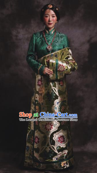 Chinese Traditional Zang Nationality Female Dress Green Tibetan Robe Ethnic Dance Costume for Women