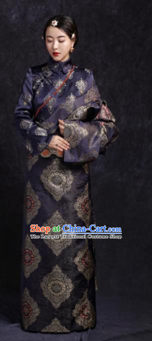 Chinese Traditional Ethnic Navy Tibetan Robe Zang Nationality Female Dress Costume for Women