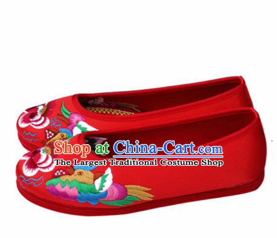 Chinese Traditional Opera Red Satin Shoes Wedding Shoes Hanfu Princess Shoes Embroidered Mandarin Duck Shoes for Women