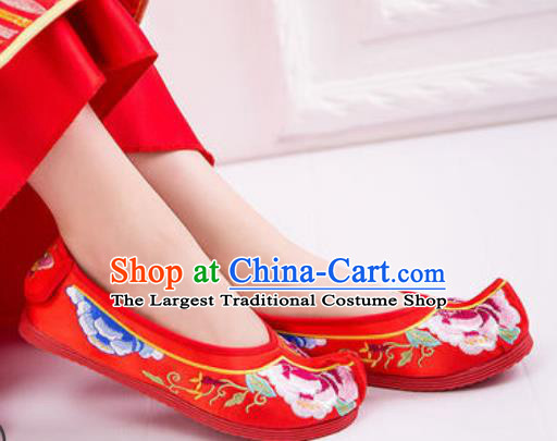 Chinese Embroidered Peony Shoes Traditional Opera Red Satin Shoes Wedding Shoes Hanfu Princess Shoes for Women