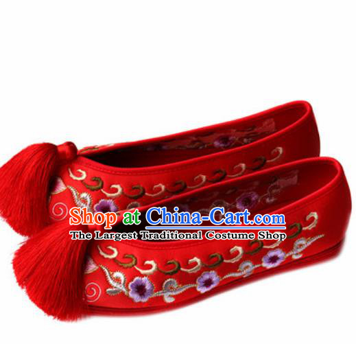 Chinese Traditional Embroidered Plum Shoes Opera Red Satin Shoes Wedding Shoes Hanfu Princess Shoes for Women