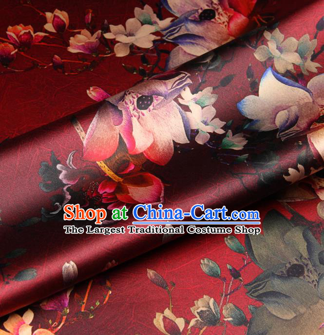 Chinese Traditional Classical Lotus Flowers Pattern Red Brocade Damask Asian Satin Drapery Silk Fabric