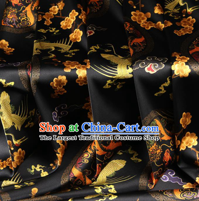 Chinese Traditional Classical Crane Dragon Pattern Black Brocade Damask Asian Satin Drapery Silk Fabric