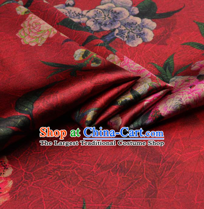 Chinese Traditional Classical Peach Blossom Pattern Red Brocade Damask Asian Satin Drapery Silk Fabric