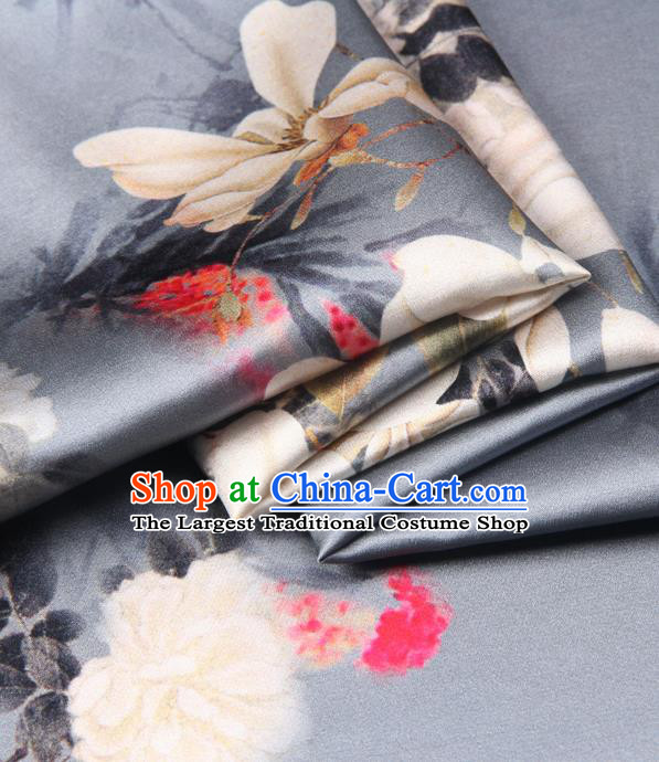Chinese Traditional Classical Yulan Magnolia Pattern Grey Brocade Damask Asian Satin Drapery Silk Fabric
