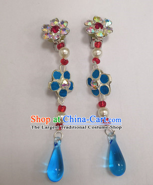Chinese Ancient Queen Double Plum Blue Crystal Earrings Traditional Beijing Opera Diva Ear Accessories for Adults