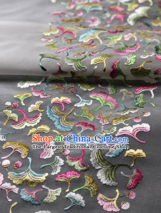 Traditional Chinese Satin Classical Embroidered Ginkgo Pattern Design White Brocade Fabric Asian Silk Fabric Material
