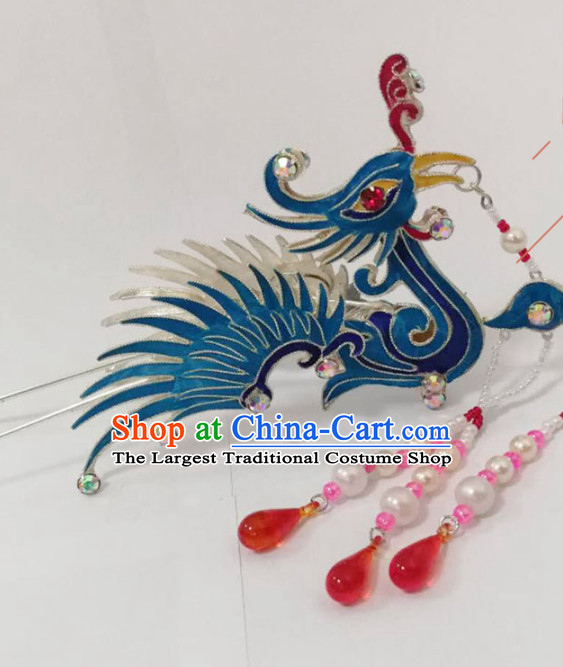 Chinese Traditional Beijing Opera Diva Hair Accessories Ancient Queen Blue Phoenix Hairpins for Women