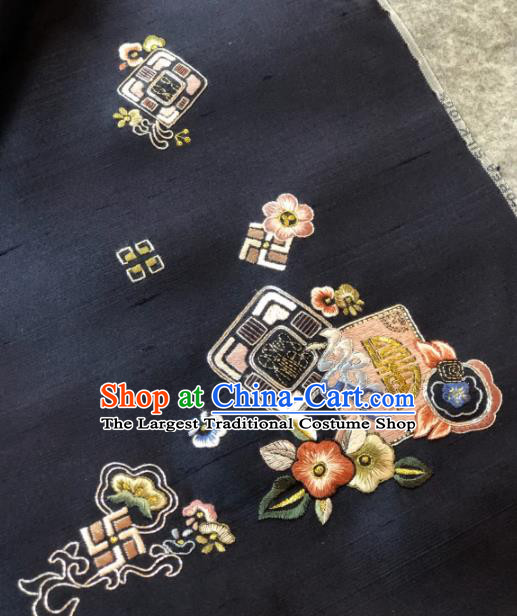Traditional Chinese Satin Classical Embroidered Flowers Pattern Design Black Brocade Fabric Asian Silk Fabric Material