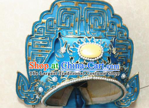Chinese Ancient Prince Blue Hat Traditional Beijing Opera Niche Headwear Hair Accessories for Adults