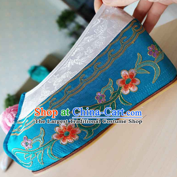 Chinese Ancient Princess Hanfu Embroidered Shoes Traditional Beijing Opera Diva Blue Blood Stained Shoes for Adults