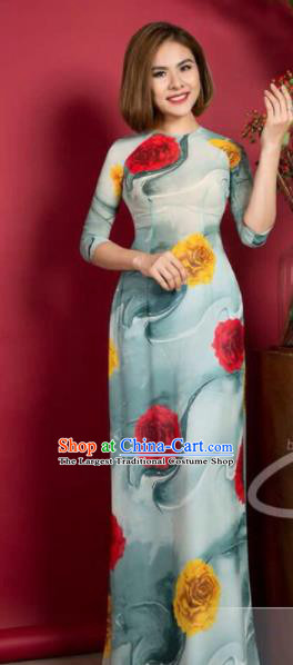 Asian Vietnam Traditional Printing Light Blue Dress Vietnamese Classical Ao Dai Cheongsam for Women