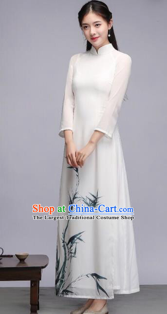 Asian Vietnam Traditional Printing Bamboo White Dress Vietnamese Classical Ao Dai Cheongsam for Women