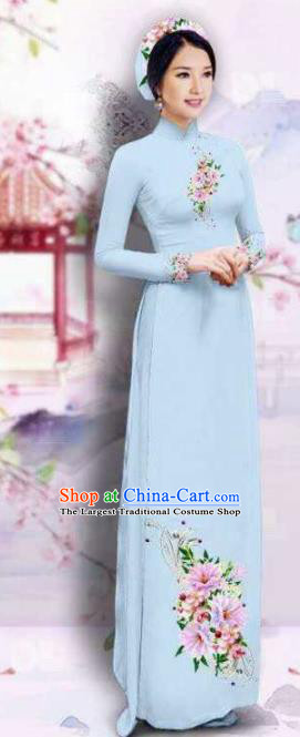 Asian Vietnam Traditional Printing Flowers Blue Dress Vietnamese