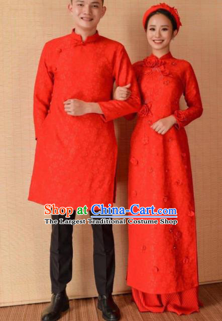 Asian Vietnam Traditional Wedding Red Costumes Vietnamese National Bride and Bridegroom Ao Dai Cheongsam Complete Set