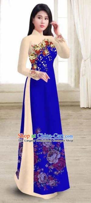 Asian Vietnam Traditional Printing Rose Royalblue Dress Vietnamese National Classical Ao Dai Cheongsam for Women